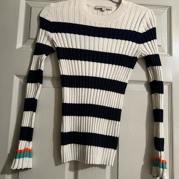 LOFT White & Navy Ribbed Stripe Sweater Dress with Teal & Orange Cuff Accents - Picture 2 of 3